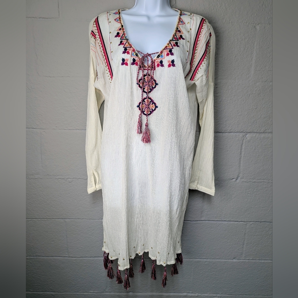 Kate C. Crinkle Gauze Dress Size L Beaded Embroidered Cover Up Tassel Hem